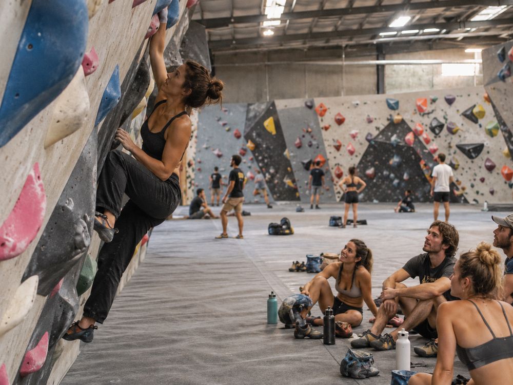 Climbers at an indoor bouldering gym, one part-way up the wall while friends watch from the mat